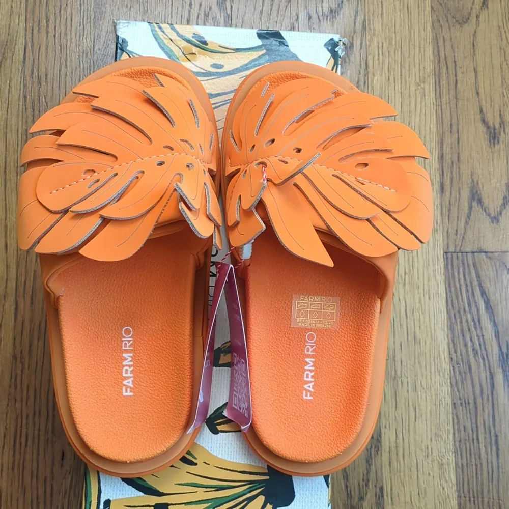 NIB FARM Rio Monstera Anatomic Slide Sandals In Orange Women's Size 7